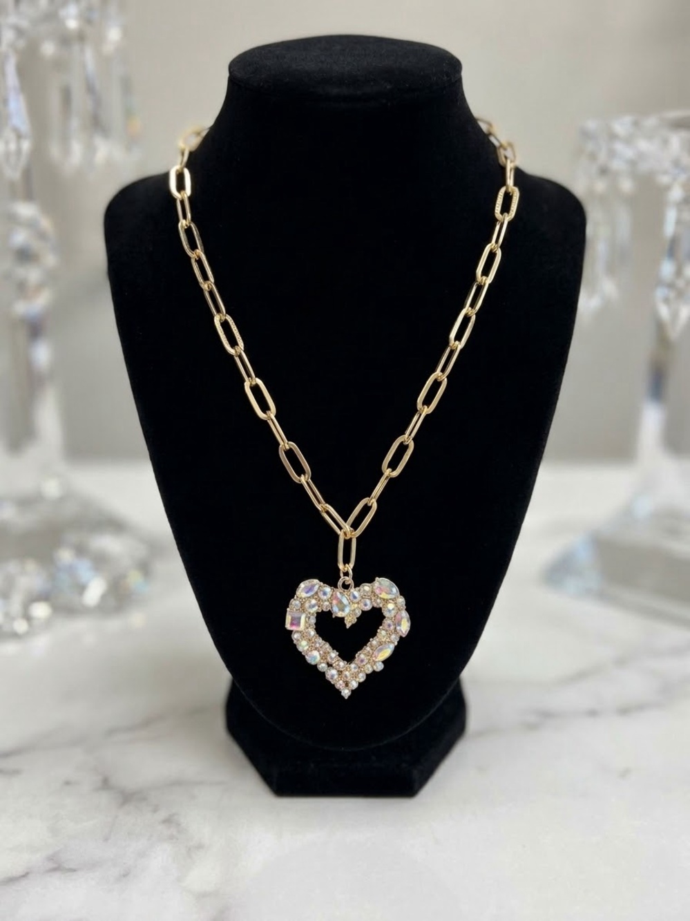 Gold Chain Necklace with Iridescent Crystal Heart Pendant